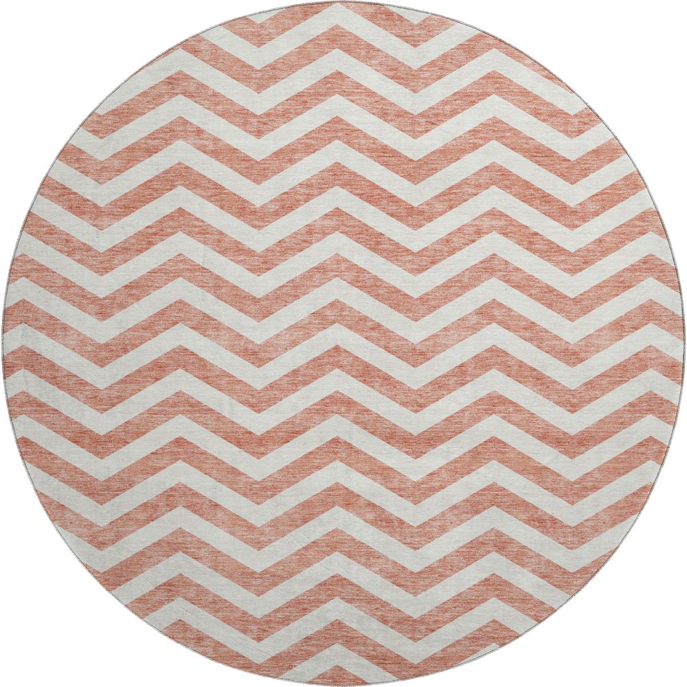 8' Salmon And Ivory Chevron Washable Round Rug With UV Protection