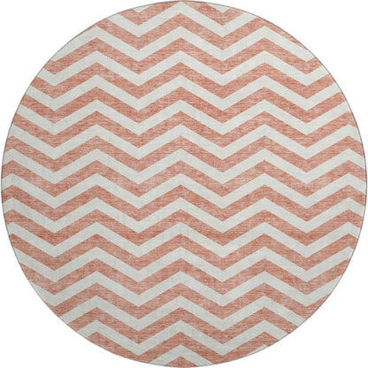 8' Salmon And Ivory Chevron Washable Round Rug With UV Protection