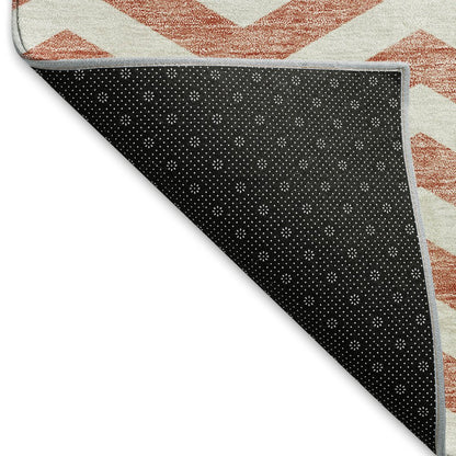 8' Salmon And Ivory Chevron Washable Round Rug With UV Protection