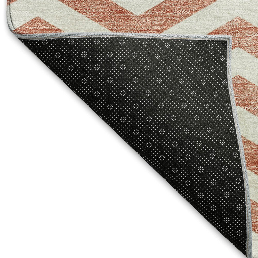 8' Salmon And Ivory Chevron Washable Round Rug With UV Protection