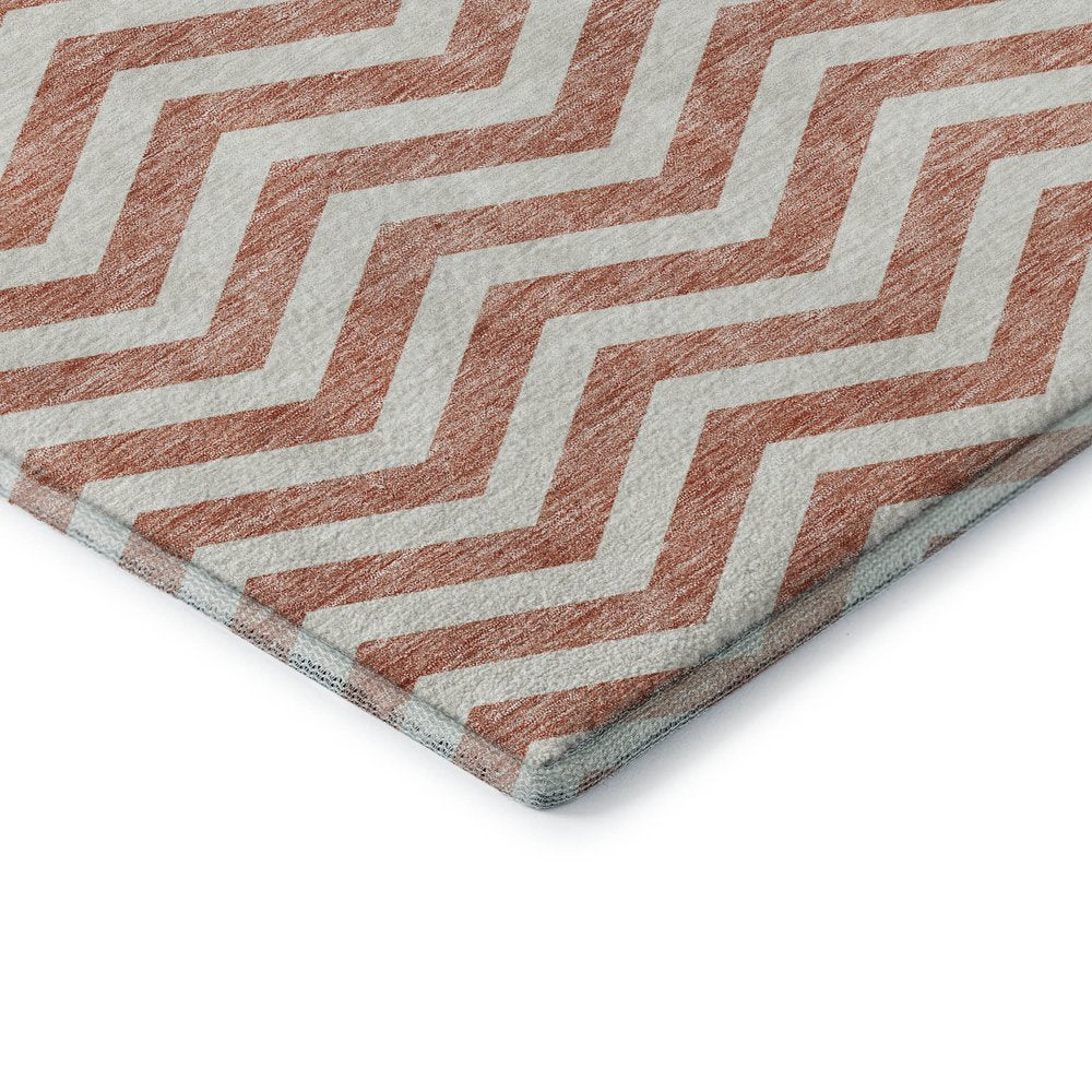 8' Salmon And Ivory Chevron Washable Round Rug With UV Protection