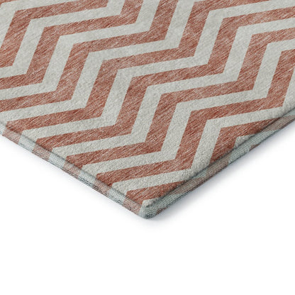8' Salmon And Ivory Chevron Washable Round Rug With UV Protection