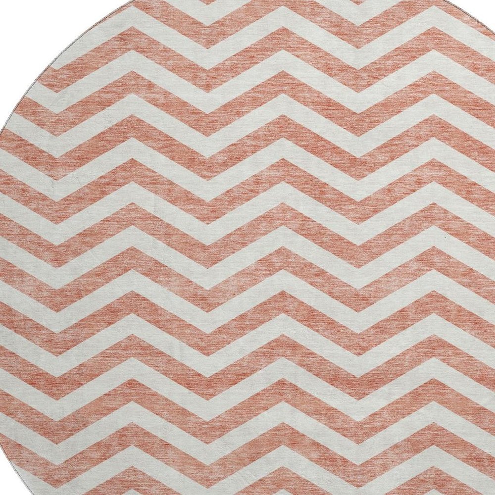 8' Salmon And Ivory Chevron Washable Round Rug With UV Protection