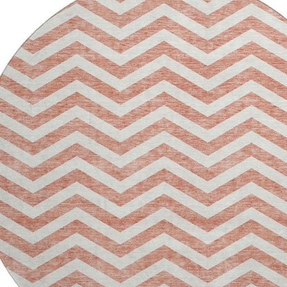 8' Salmon And Ivory Chevron Washable Round Rug With UV Protection