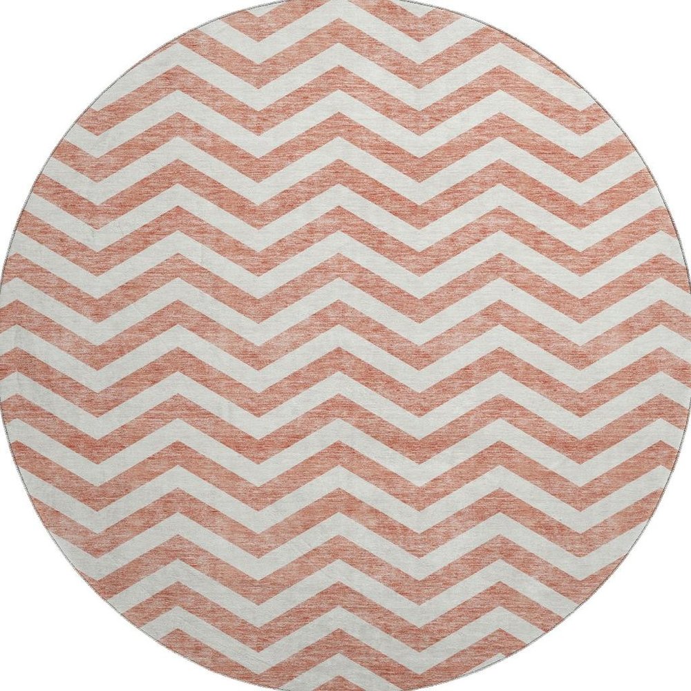 8' Salmon And Ivory Chevron Washable Round Rug With UV Protection