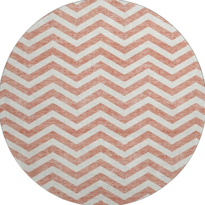 8' Salmon And Ivory Chevron Washable Round Rug With UV Protection