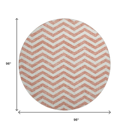 8' Salmon And Ivory Chevron Washable Round Rug With UV Protection