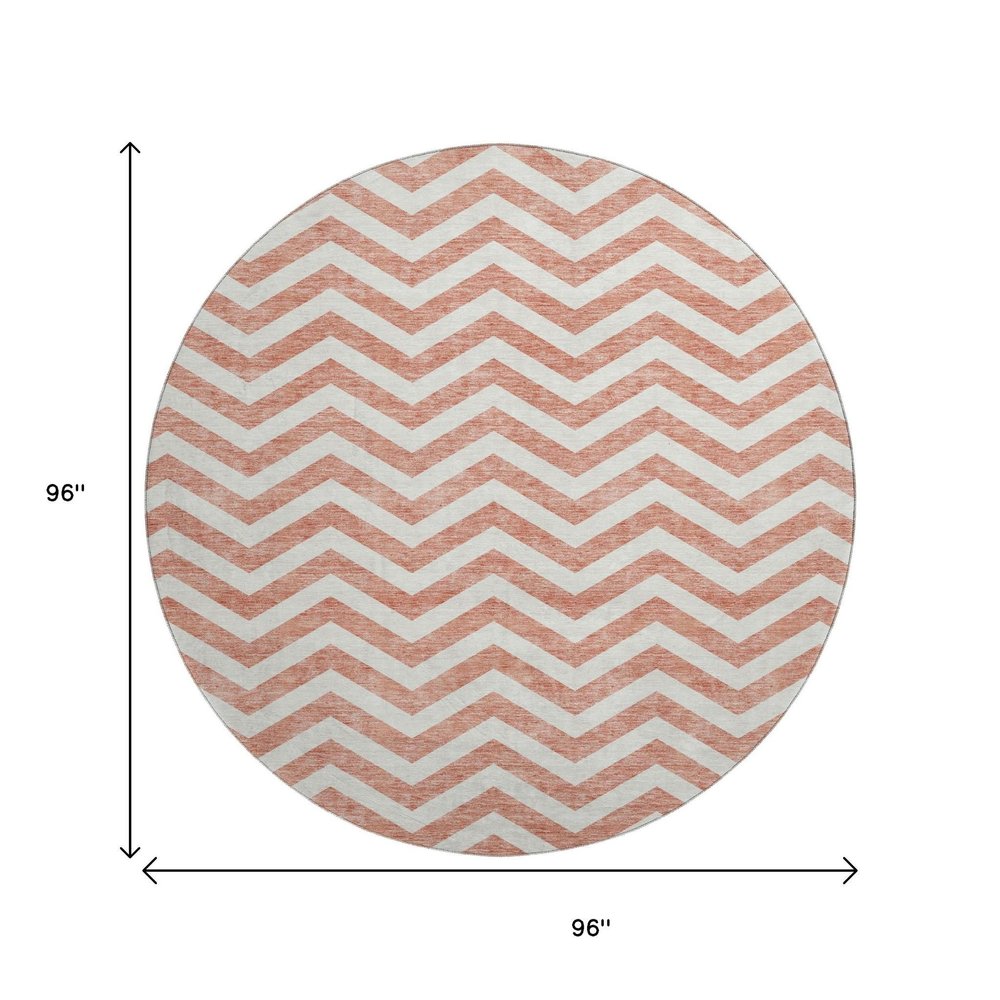 8' Salmon And Ivory Chevron Washable Round Rug With UV Protection