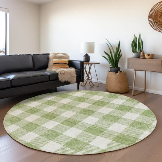 8' Artichoke Green And Ivory Plaid Washable Round Rug With UV Protection