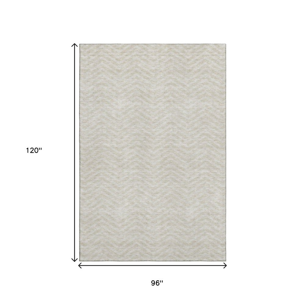 8' X 10' Beige And Ivory Chevron Washable Area Rug With UV Protection