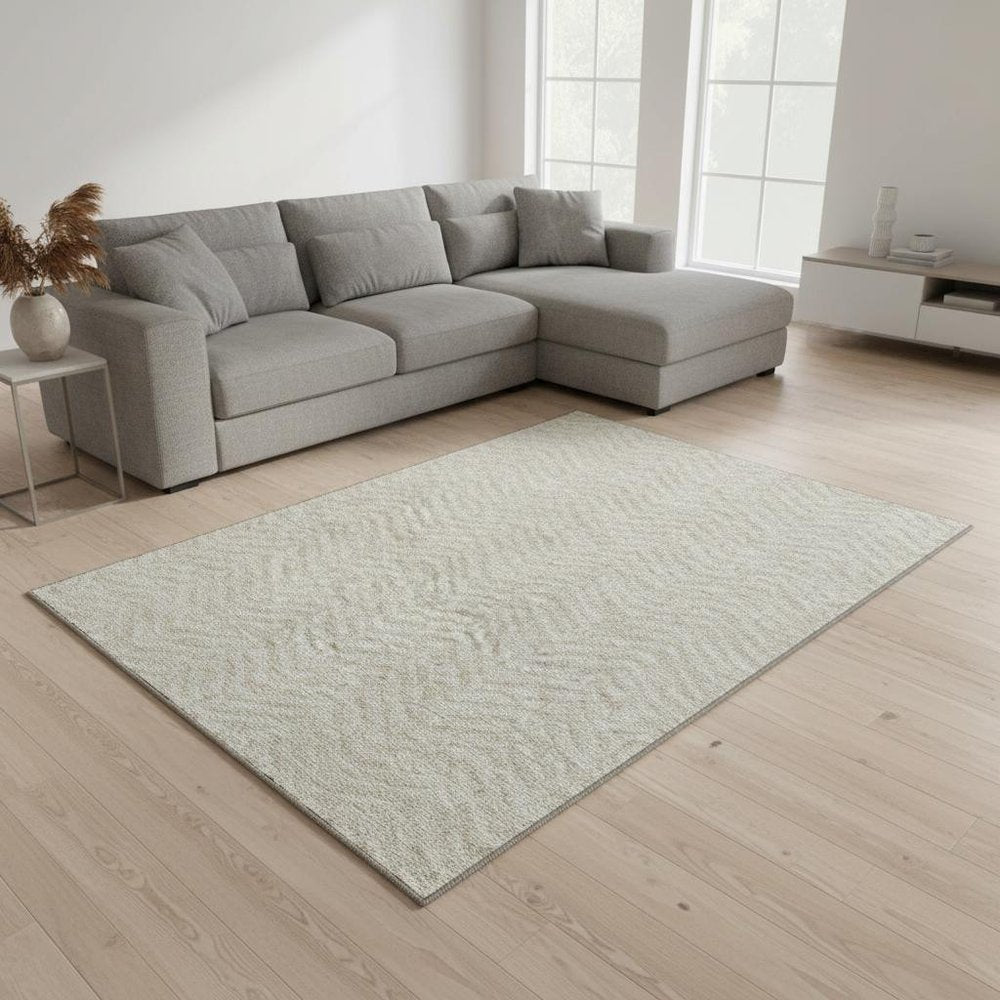8' X 10' Beige And Ivory Chevron Washable Area Rug With UV Protection