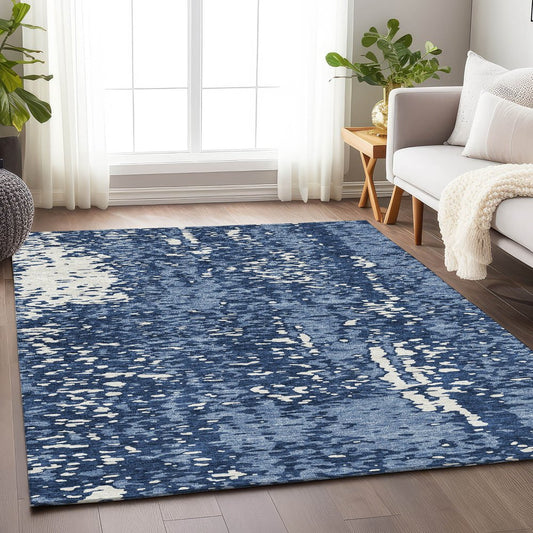 5' X 8' Denim Blue And Ivory Abstract Washable Area Rug With UV Protection