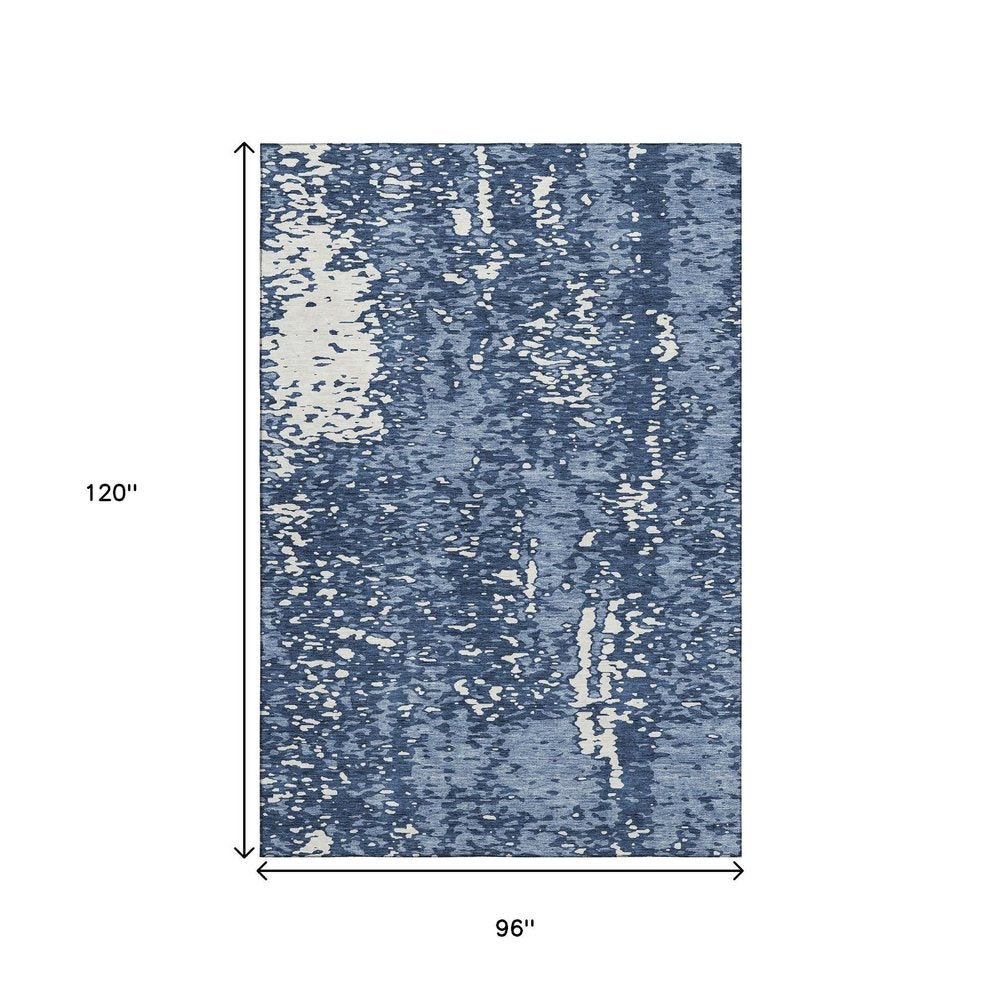 8' X 10' Denim Blue And Ivory Abstract Washable Area Rug With UV Protection