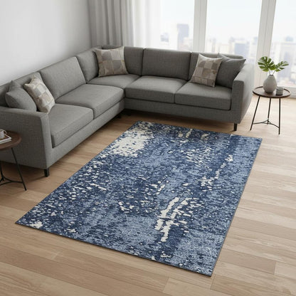 8' X 10' Denim Blue And Ivory Abstract Washable Area Rug With UV Protection