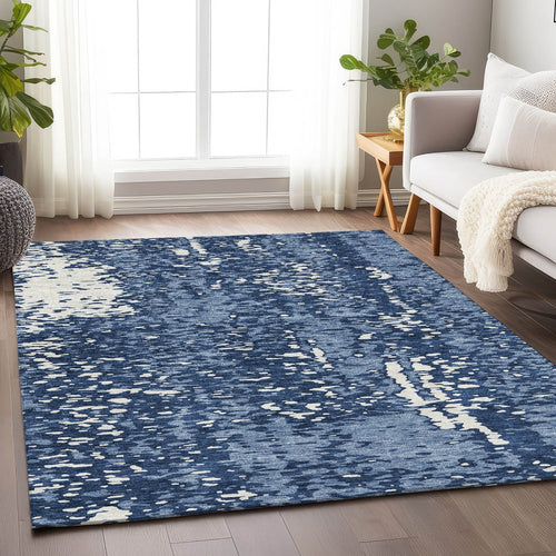 8' X 10' Denim Blue And Ivory Abstract Washable Area Rug With UV Protection