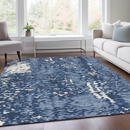8' X 10' Denim Blue And Ivory Abstract Washable Area Rug With UV Protection