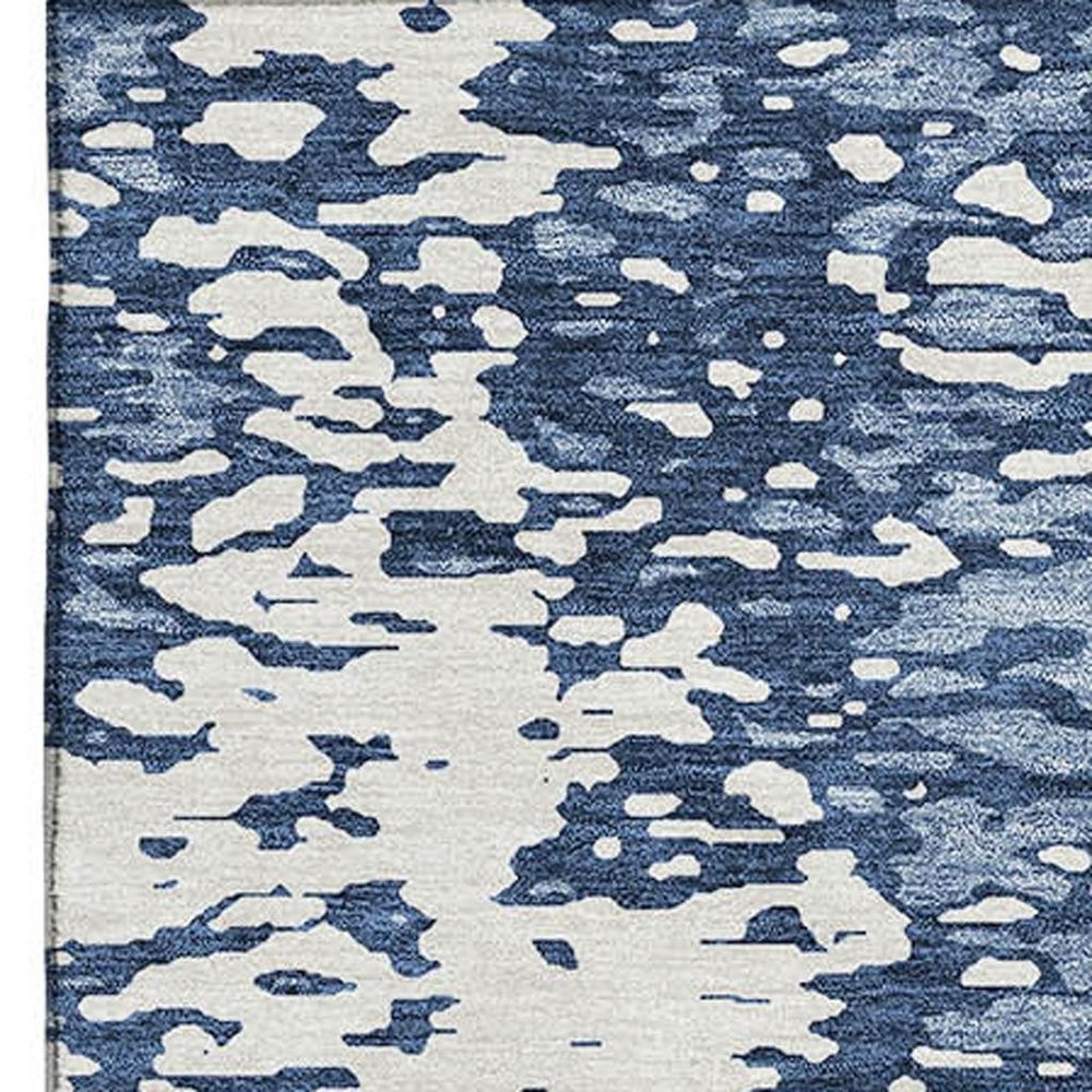 8' X 10' Denim Blue And Ivory Abstract Washable Area Rug With UV Protection
