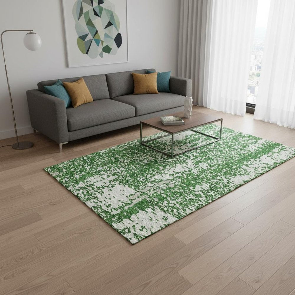 5' X 8' Emerald And Ivory Abstract Washable Area Rug With UV Protection