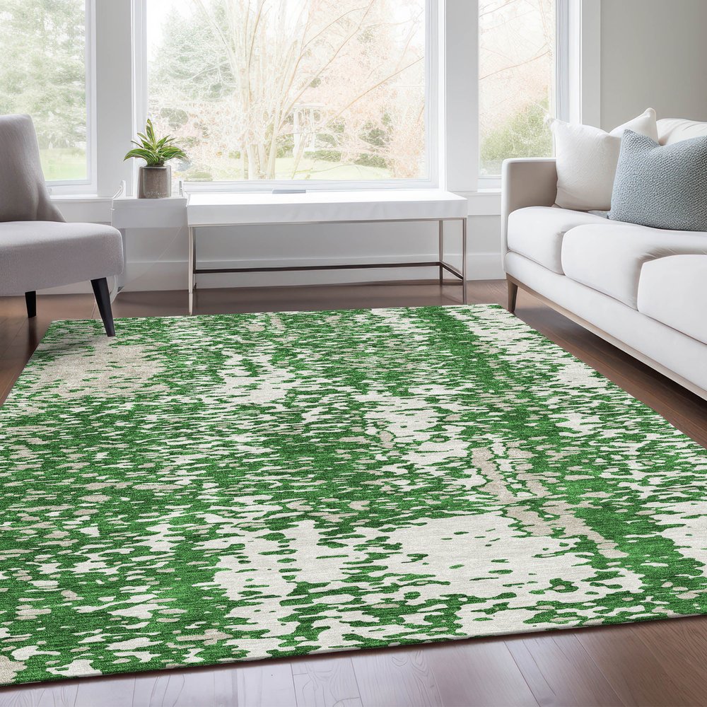 5' X 8' Emerald And Ivory Abstract Washable Area Rug With UV Protection