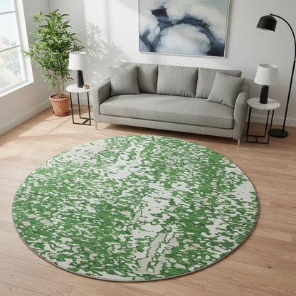 8' Emerald And Ivory Abstract Washable Round Rug With UV Protection