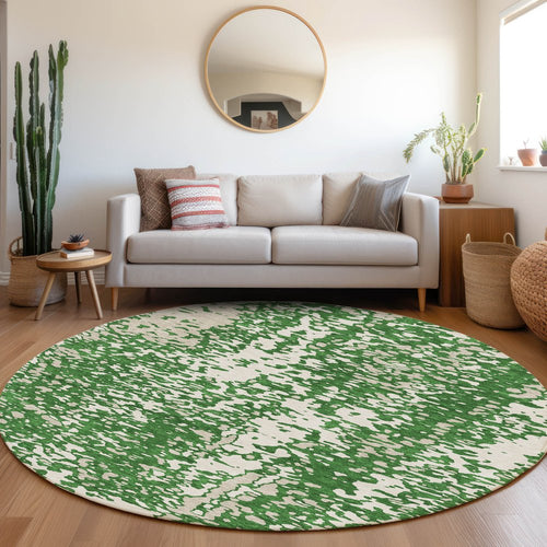 8' Emerald And Ivory Abstract Washable Round Rug With UV Protection