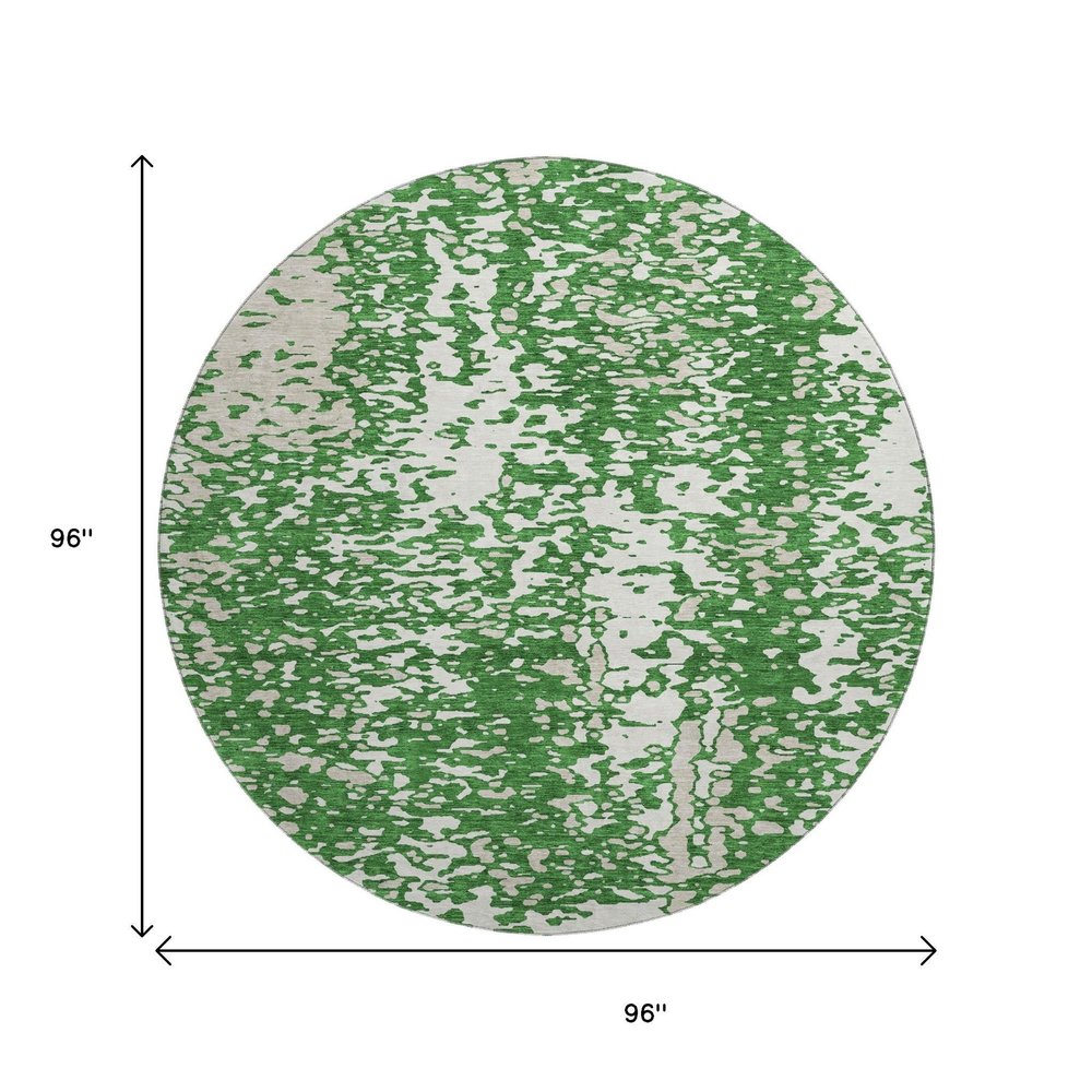 8' Emerald And Ivory Abstract Washable Round Rug With UV Protection