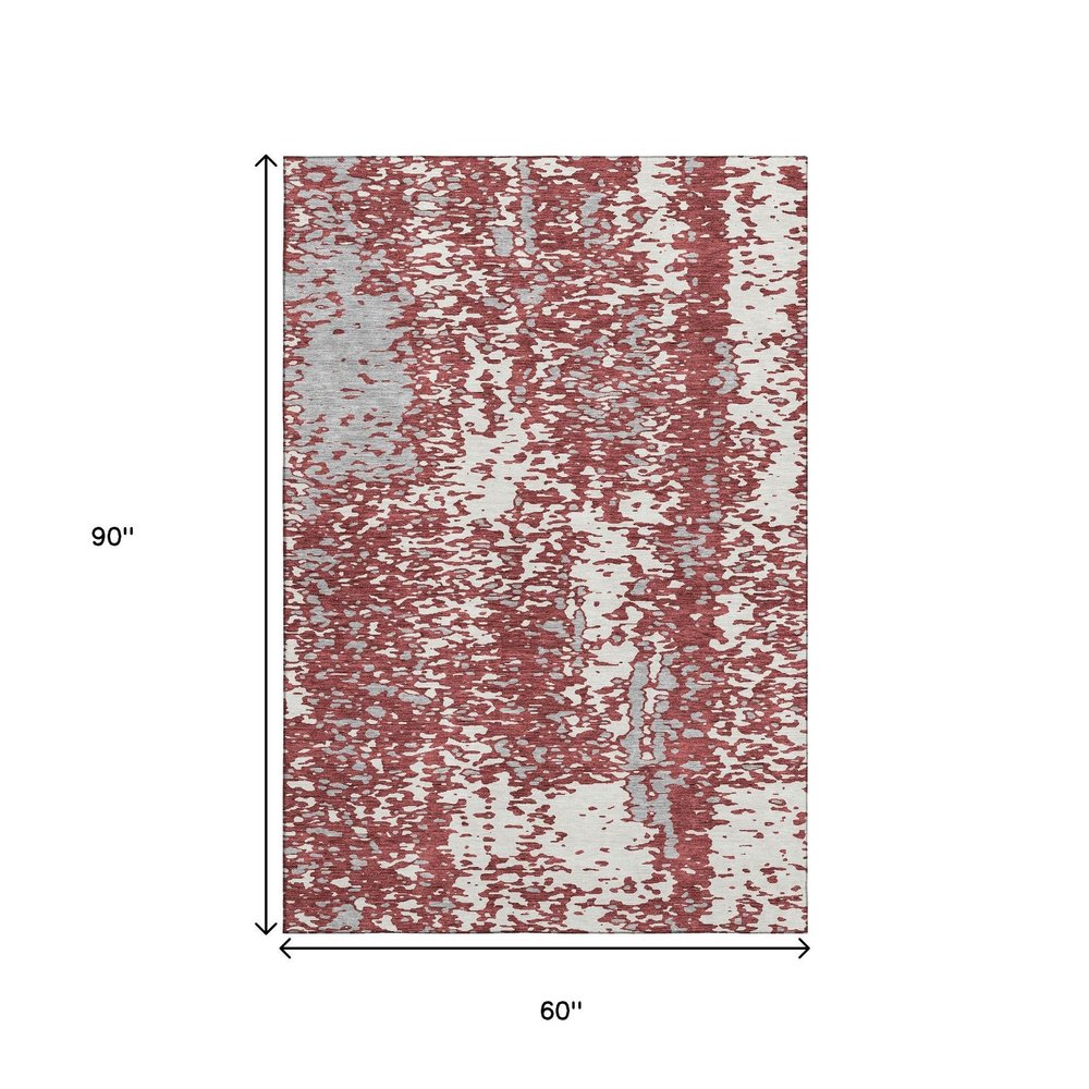 5' X 8' Burgundy Ivory And Gray Abstract Washable Area Rug With UV Protection