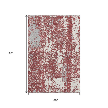 5' X 8' Burgundy Ivory And Gray Abstract Washable Area Rug With UV Protection