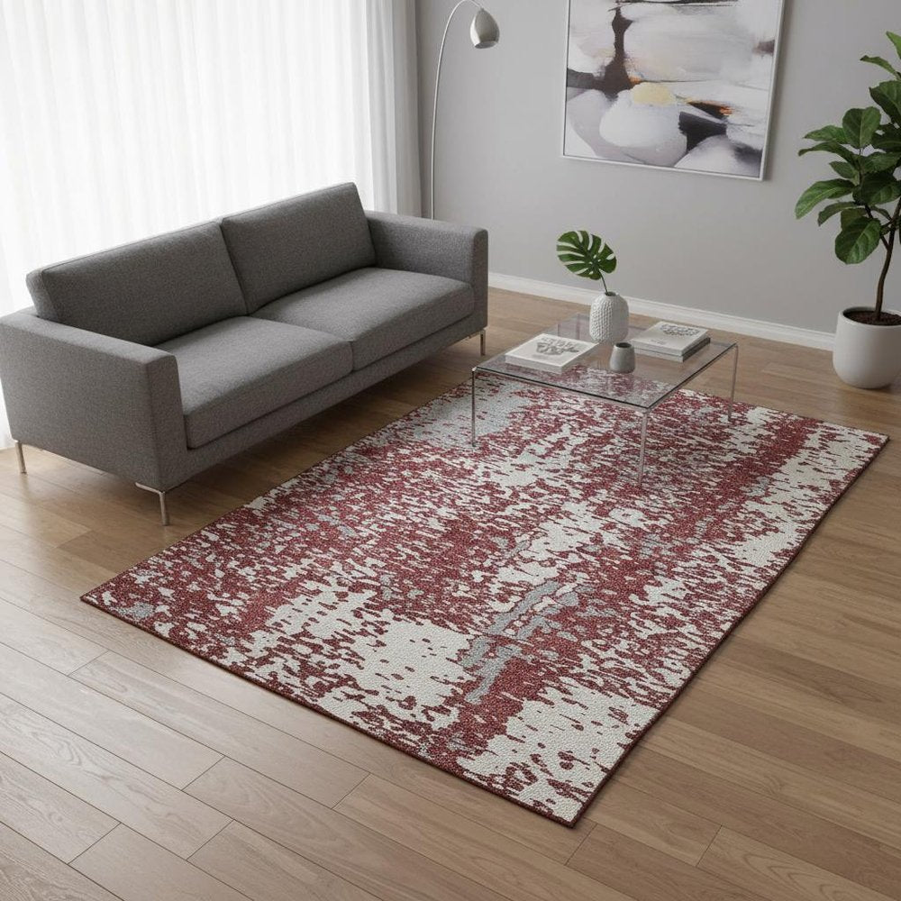 5' X 8' Burgundy Ivory And Gray Abstract Washable Area Rug With UV Protection