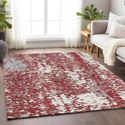 5' X 8' Burgundy Ivory And Gray Abstract Washable Area Rug With UV Protection