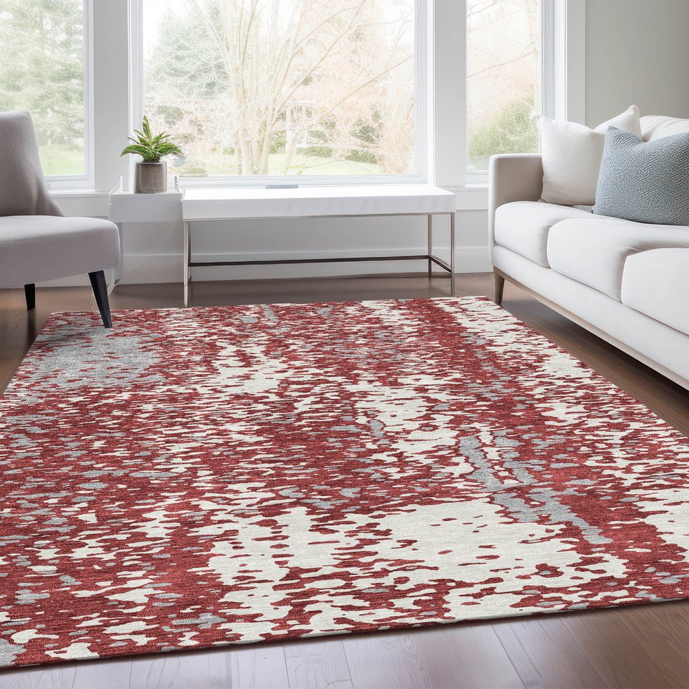 5' X 8' Burgundy Ivory And Gray Abstract Washable Area Rug With UV Protection