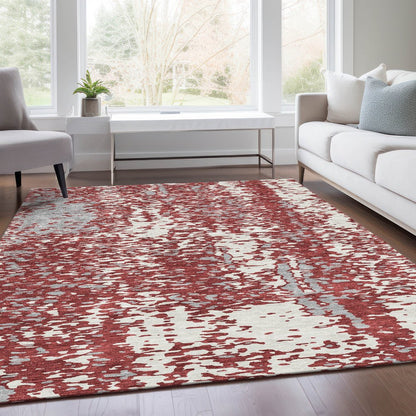 5' X 8' Burgundy Ivory And Gray Abstract Washable Area Rug With UV Protection