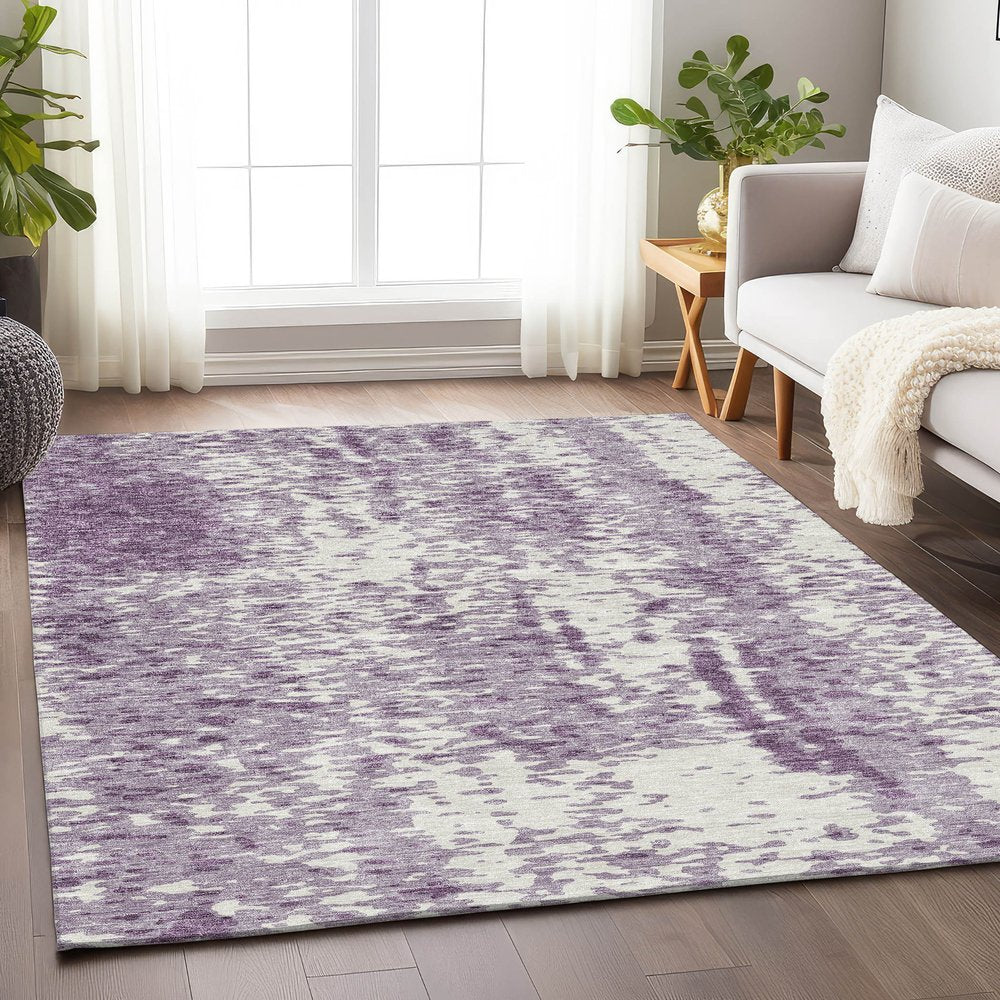 8' X 10' Lavender And Ivory Abstract Washable Area Rug With UV Protection