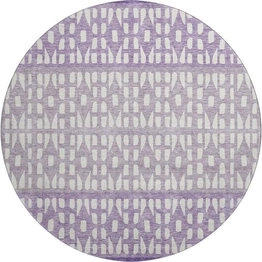 8' Purple And Ivory Geometric Washable Round Rug With UV Protection