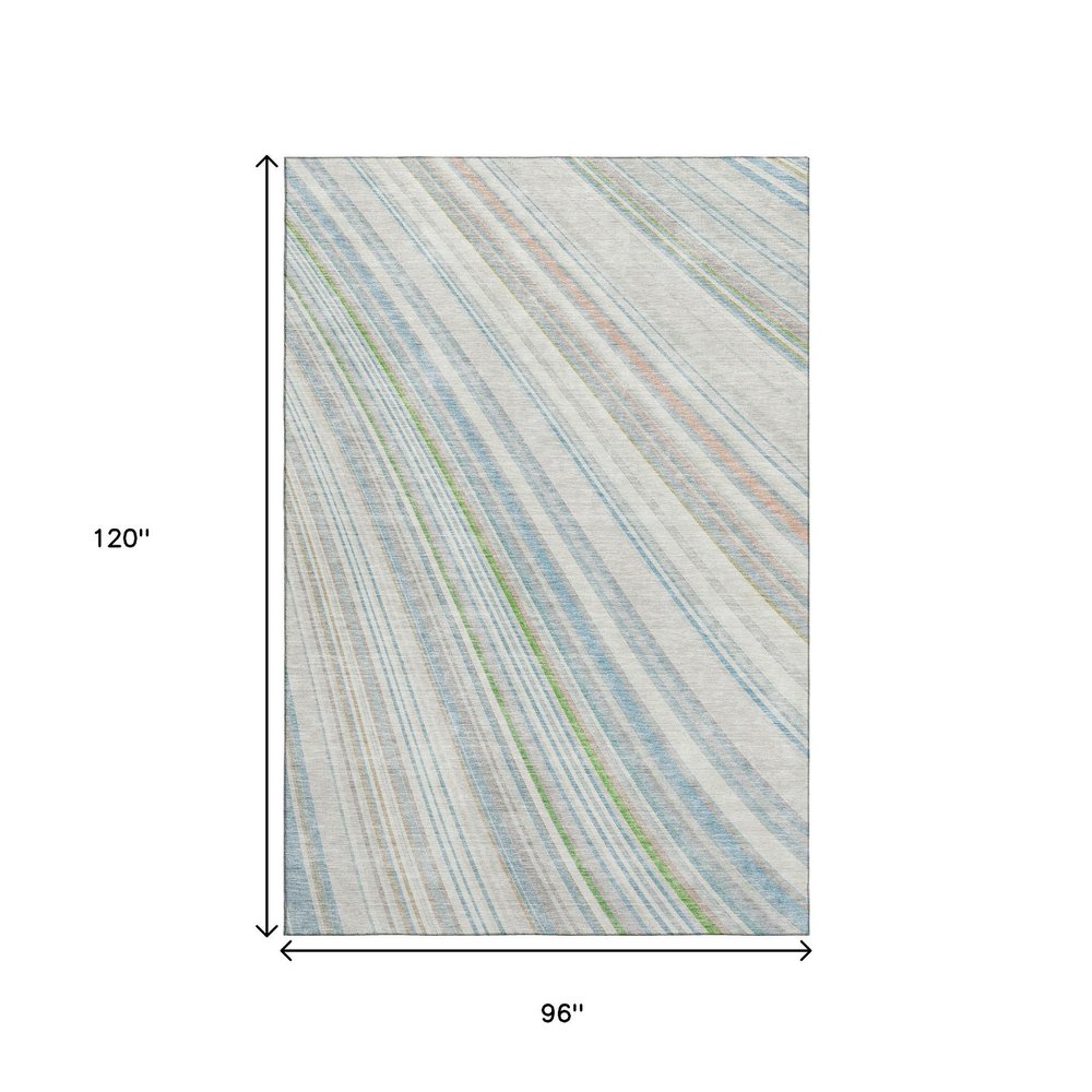 8' X 10' Ivory Green And Beige Striped Washable Area Rug With UV Protection