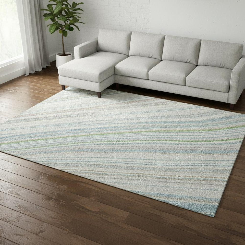 8' X 10' Ivory Green And Beige Striped Washable Area Rug With UV Protection