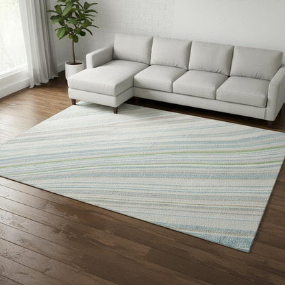 8' X 10' Ivory Green And Beige Striped Washable Area Rug With UV Protection