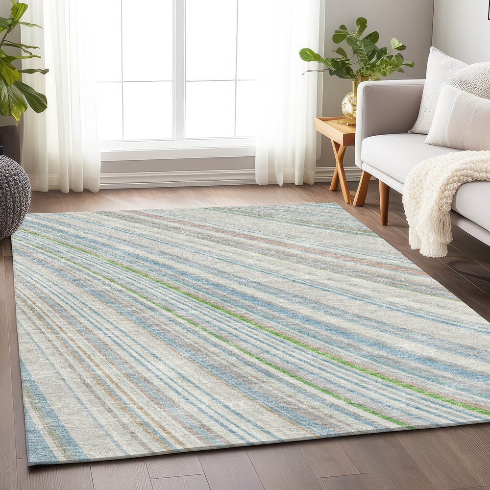 8' X 10' Ivory Green And Beige Striped Washable Area Rug With UV Protection