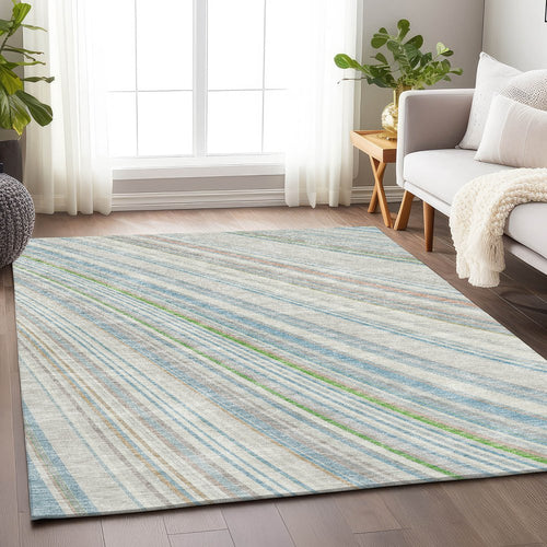 8' X 10' Ivory Green And Beige Striped Washable Area Rug With UV Protection