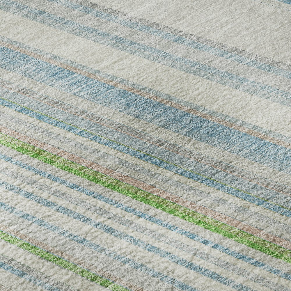 8' X 10' Ivory Green And Beige Striped Washable Area Rug With UV Protection