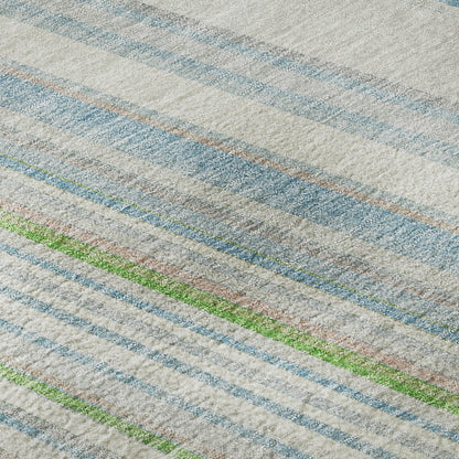 8' X 10' Ivory Green And Beige Striped Washable Area Rug With UV Protection