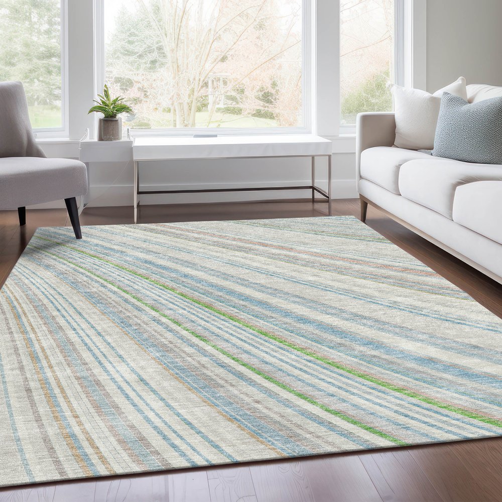 8' X 10' Ivory Green And Beige Striped Washable Area Rug With UV Protection