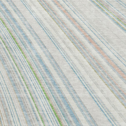 8' X 10' Ivory Green And Beige Striped Washable Area Rug With UV Protection