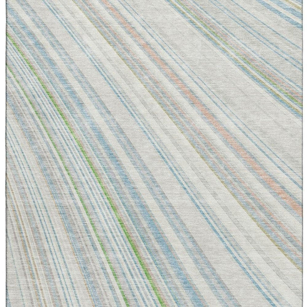 8' X 10' Ivory Green And Beige Striped Washable Area Rug With UV Protection
