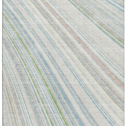 8' X 10' Ivory Green And Beige Striped Washable Area Rug With UV Protection