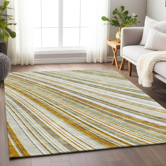 8' X 10' Linen Gold And Sage Striped Washable Area Rug With UV Protection