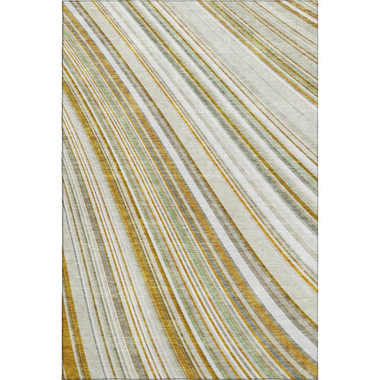 8' X 10' Linen Gold And Sage Striped Washable Area Rug With UV Protection