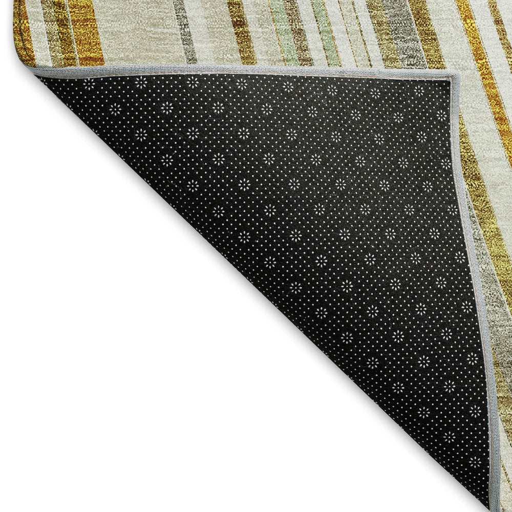 8' X 10' Linen Gold And Sage Striped Washable Area Rug With UV Protection