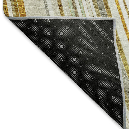 8' X 10' Linen Gold And Sage Striped Washable Area Rug With UV Protection