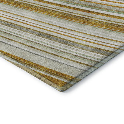 8' X 10' Linen Gold And Sage Striped Washable Area Rug With UV Protection